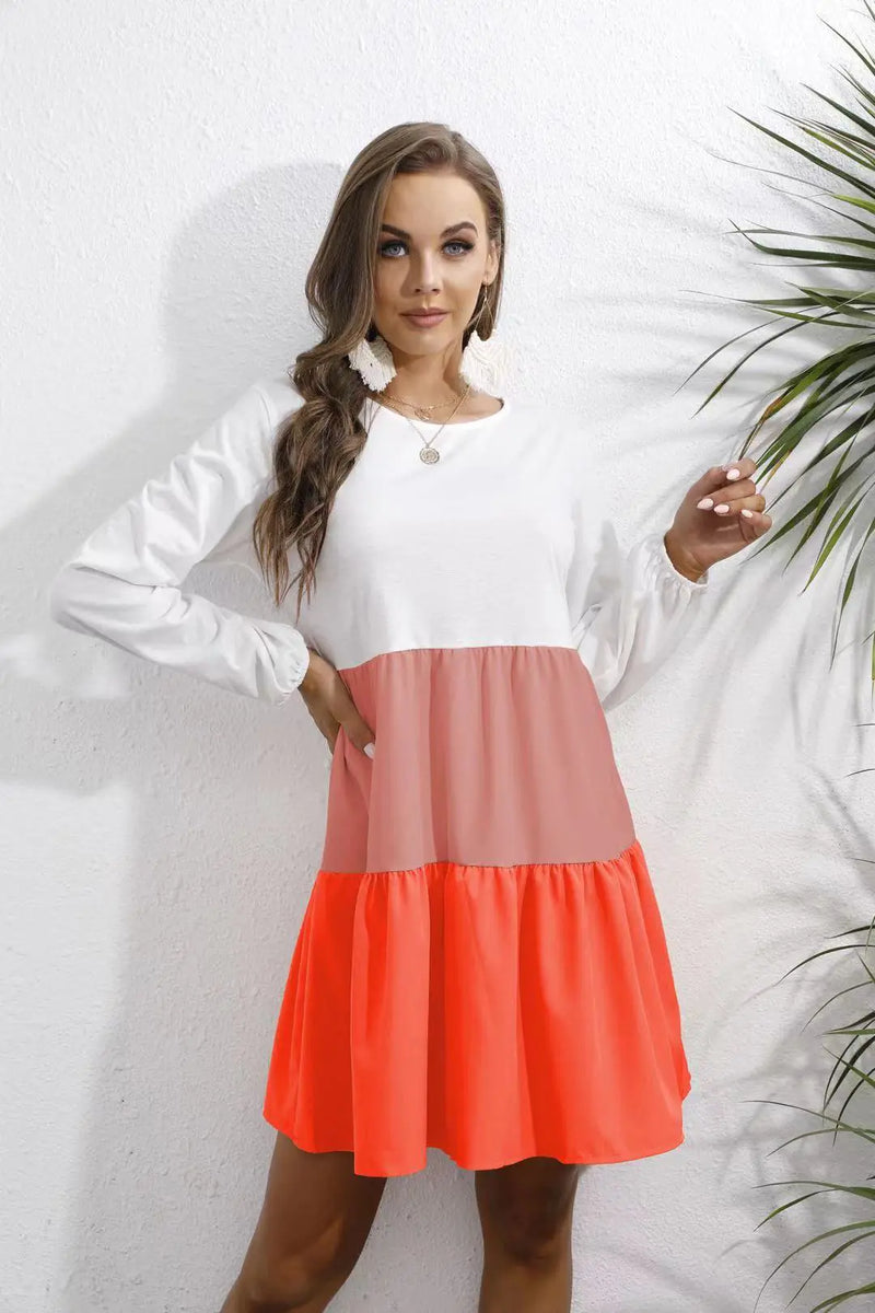 Contrast Color Long-sleeved Round Neck Dress