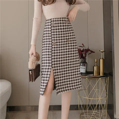High Waist Woolen Plaid Mid-length A-line Skirt