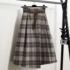 Woolen Plaid High Waist Mid-Length Slit Skirt for Women