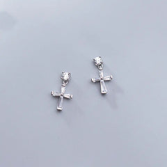 S925 Silver Cross Stud Earrings with Diamonds for Women