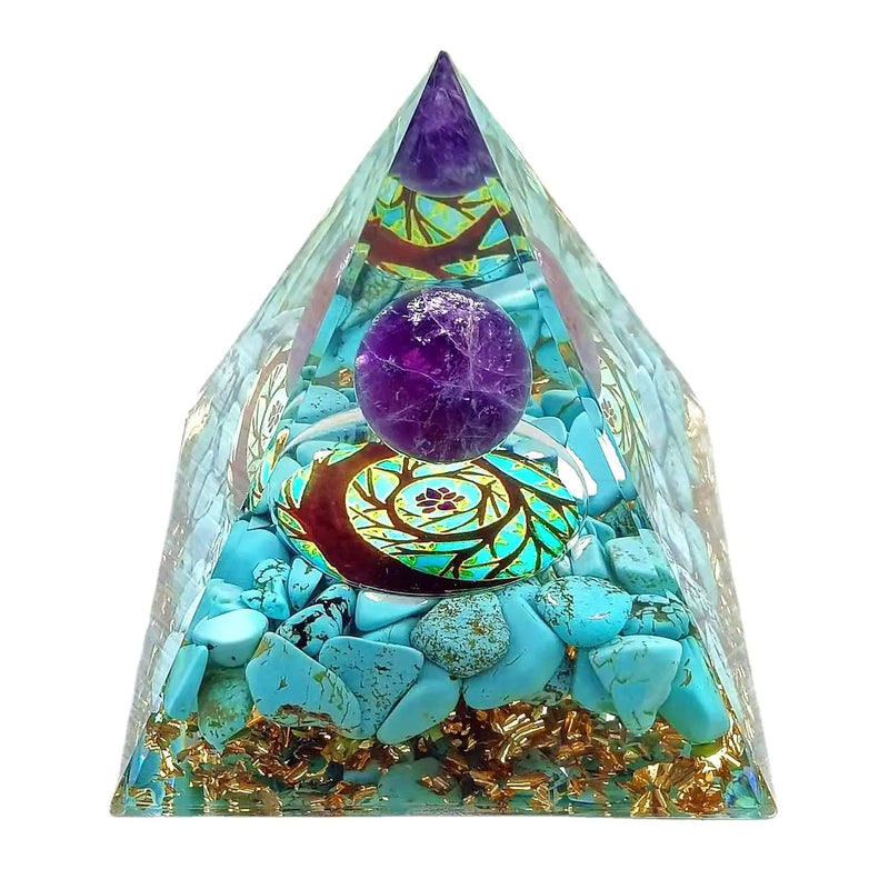 ycyingcheng Moonstone Crystal Orgone Pyramid Ogan Crystal Energy Tower Nature Reiki Chakra Crushed Stone Jewelry Crystal Pyramid for Home Decor (Turquoise+Amethyst Ball)