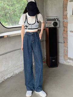 Blue Boyfriend Loose Fit Wide Leg High Waist Jeans