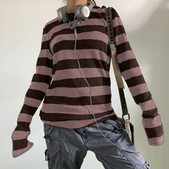 Women's Striped Long Sleeve Round Neck Knitted Shirt