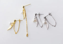 S925 Silver Leaf Earrings with Synthetic Pearls (G2434)