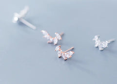 S925 Silver Stud Earrings with Leaf Design and Diamonds
