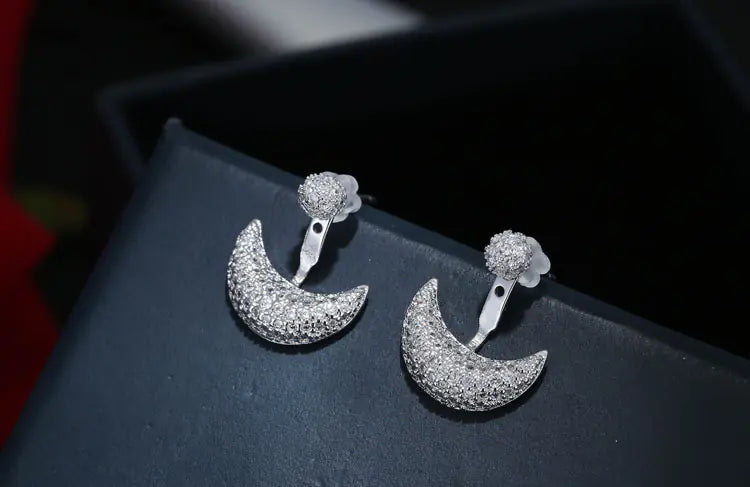 925 Silver Moon Stud Earrings with Diamonds, Korean Style