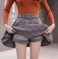 A-line High-Waist Woolen Plaid Skirt for Women