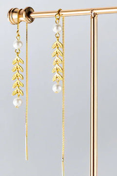S925 Silver Tassel Earrings with Pearl Leaf Design
