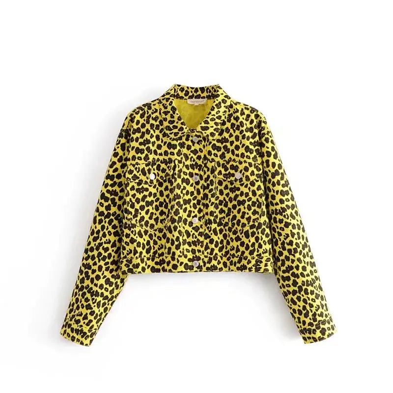 Leopard Print Denim Jacket, A-Line Skirt, Camouflage Set