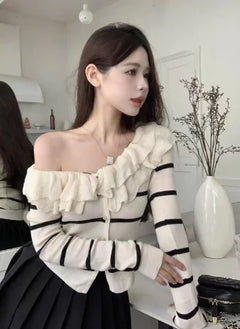 Elegant Lace-Trim Striped V-Neck Sweater for Women