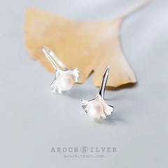 S925 Silver Ginkgo Leaf Earrings with Pearl (Short)