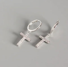 S925 Silver Cross Stud Earrings with Diamonds
