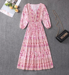V-neck High Waist Bohemian Mid-length A-line Dress