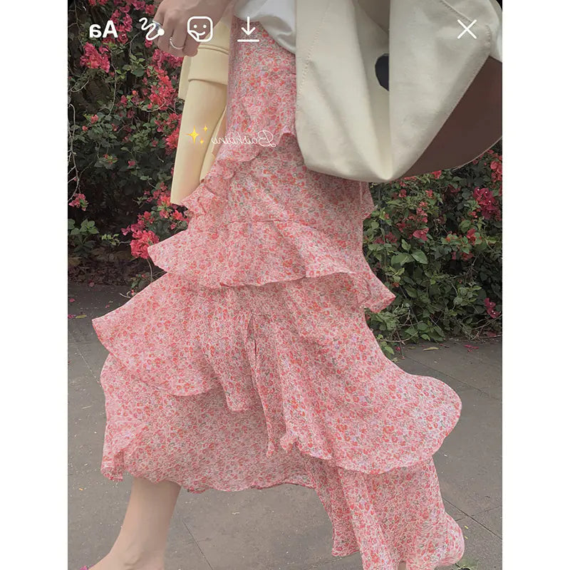 High Waist A-line Green Chiffon Mid-length Skirt