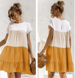Contrast Color Long-Sleeved Round Neck Dress