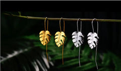 S925 Silver Long Earrings with Monstera Leaf Design