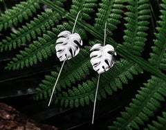 S925 Silver Long Earrings with Monstera Leaf Design
