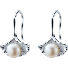 S925 Silver Ginkgo Leaf Earrings with Pearl (Short)