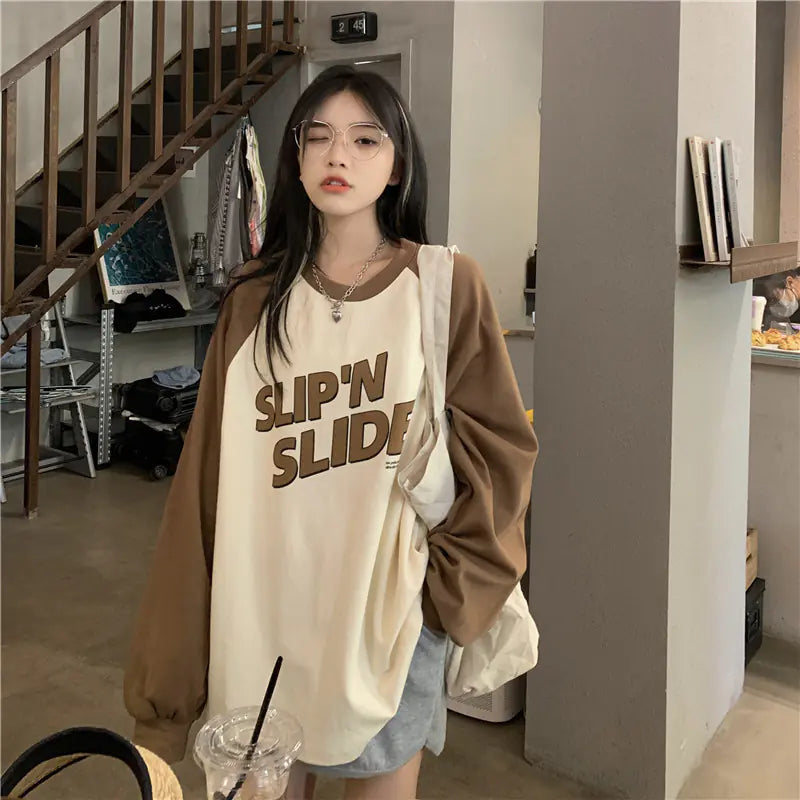 Women's Loose Slim Contrast Color Long Sleeve T-Shirt