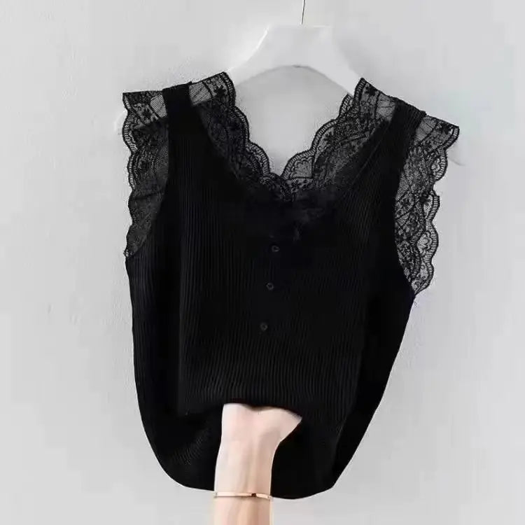 Lace Trim Ice Silk V-Neck Knit Cami Top