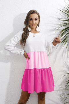 Contrast Color Long-sleeved Round Neck Dress