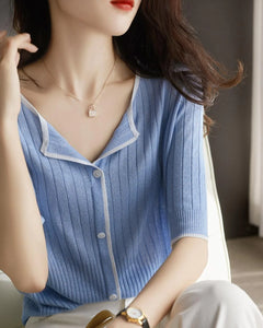 Ice Silk Knit Loose V-Neck Mid-Sleeve Cardigan Top