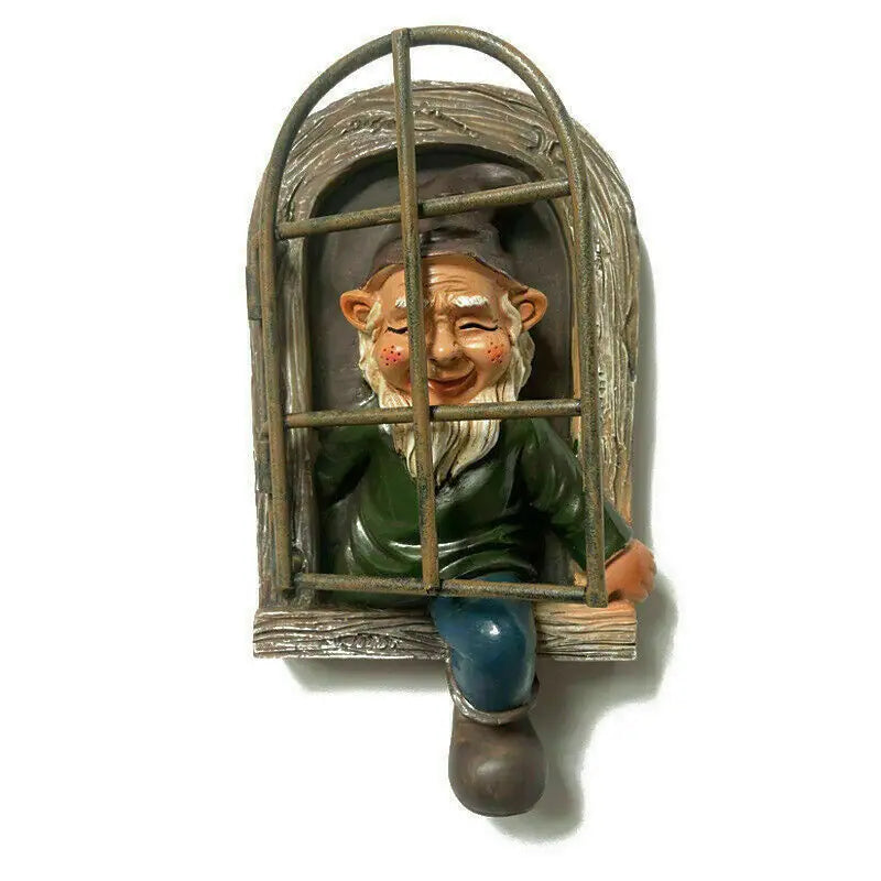 Elf Out The Door Window Tree Hugger Garden Gnome Statue