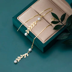 S925 Silver Tassel Earrings with Pearl Leaf Design