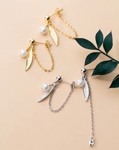 S925 Silver Leaf Earrings with Synthetic Pearls (G2434)