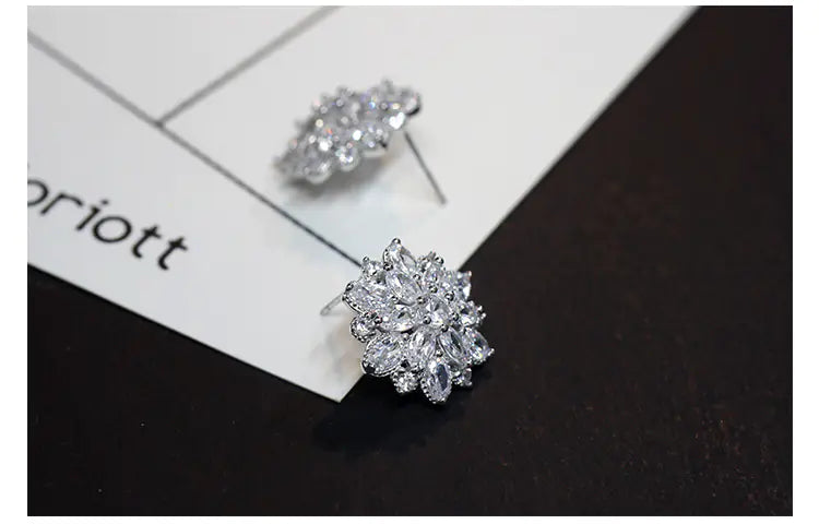 S925 Silver Flower Stud Earrings with Diamonds