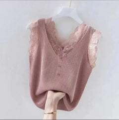 Lace Trim Ice Silk V-Neck Knit Cami Top