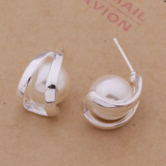 925 Silver Plated Pearl Stud Earrings - Korean Style