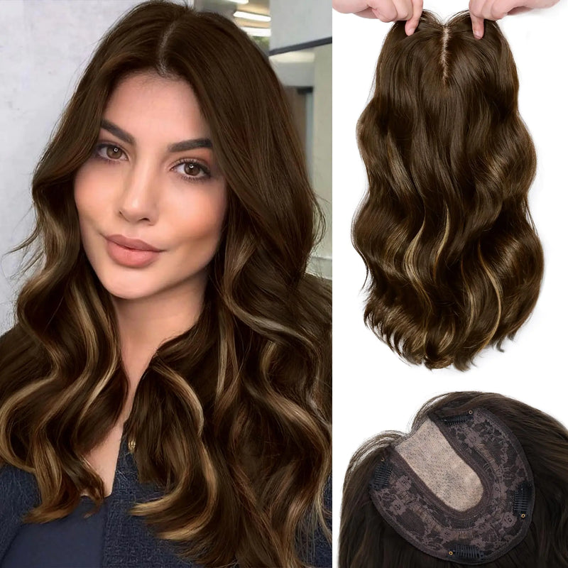 NAYOO Hair Toppers for Women with Thinning Hair 14inch Wavy Brown Hair Toppers Hairpieces for Women Synthetic Clip In Hair Topper with Bangs Womens Wiglets Add Hair Volume(Ash Brown Mix Blonde)