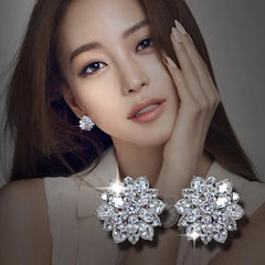 S925 Silver Flower Stud Earrings with Diamonds