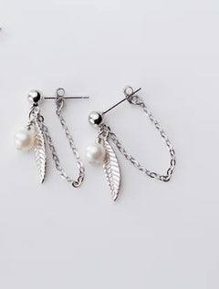 S925 Silver Leaf Earrings with Synthetic Pearls (G2434)