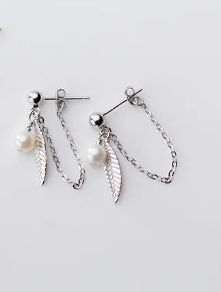S925 Silver Leaf Earrings with Synthetic Pearls (G2434)