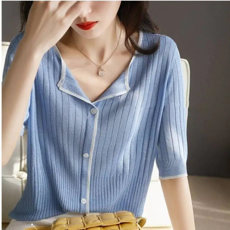 Ice Silk Knit Loose V-Neck Mid-Sleeve Cardigan Top