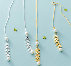 S925 Silver Tassel Earrings with Pearl Leaf Design