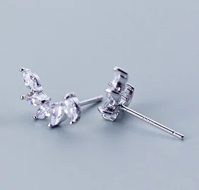 S925 Silver Stud Earrings with Leaf Design and Diamonds