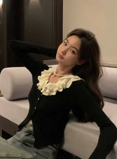 Elegant Lace-Trim Striped V-Neck Sweater for Women