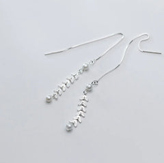 S925 Silver Tassel Earrings with Pearl Leaf Design