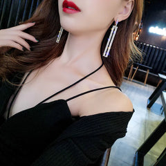 S925 Silver Korean Style Long Square Earrings with Diamonds