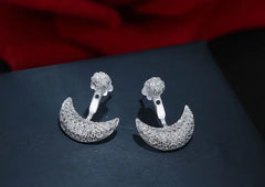925 Silver Moon Stud Earrings with Diamonds, Korean Style