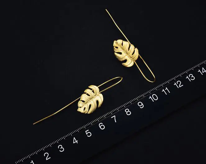 S925 Silver Long Earrings with Monstera Leaf Design