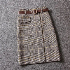 Woolen Plaid High Waist Mid-Length Slit Skirt for Women