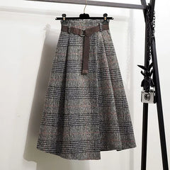 Woolen Plaid High Waist Mid-Length Slit Skirt for Women