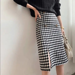 High Waist Woolen Plaid Mid-length A-line Skirt