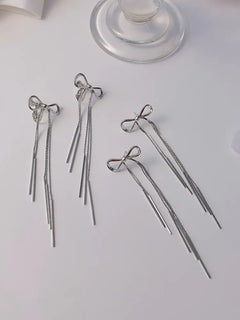 S925 Silver Long Tassel Earrings with Bow Design