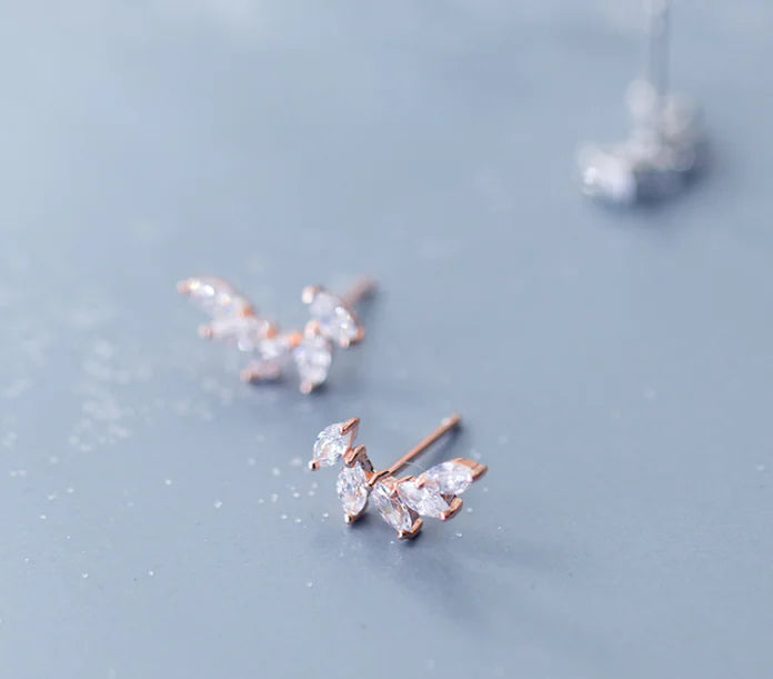 S925 Silver Stud Earrings with Leaf Design and Diamonds