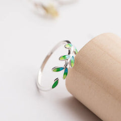 S925 Silver Green Leaf Adjustable Ring for Women